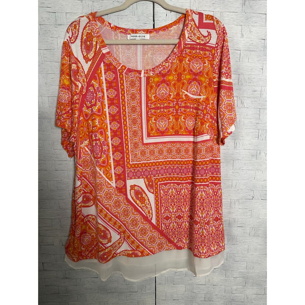 Rose & Oliver floral T-shirt sheer hem Paisley Bohemian TradMom plus size